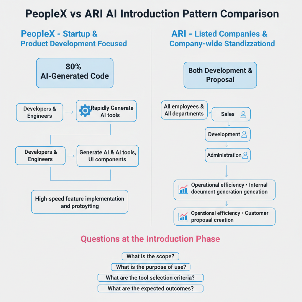 Comparison diagram: PeopleX (startup, Cursor+v0, product development focused, 80% AI-generated) vs. ARI (listed company, Claude Code, company-wide rollout including consultants).