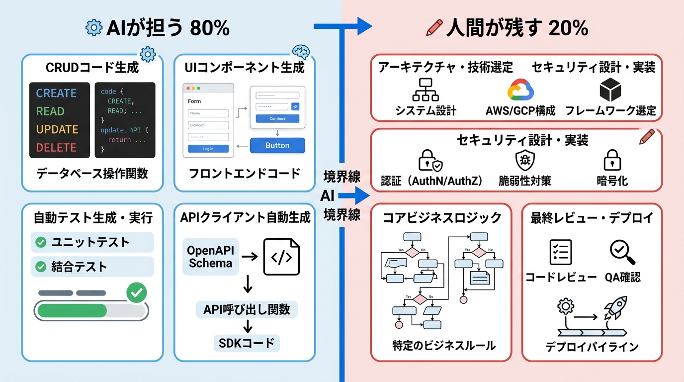 AIが担う80%と人間が残す20%の境界線図。左側にCRUD・UI生成・テスト・APIクライアント、右側にアーキテクチャ・セキュリティ・ビジネスロジック・最終レ
