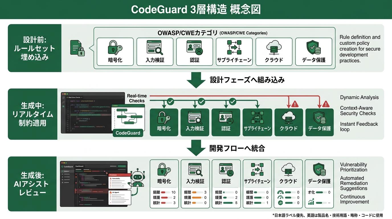 CodeGuardの3層構造を示す概念図。上段「設計前: ルールセット埋め込み」、中段「生成中: リアルタイム制約適用」、下段「生成後: AIアシストレビュー」
