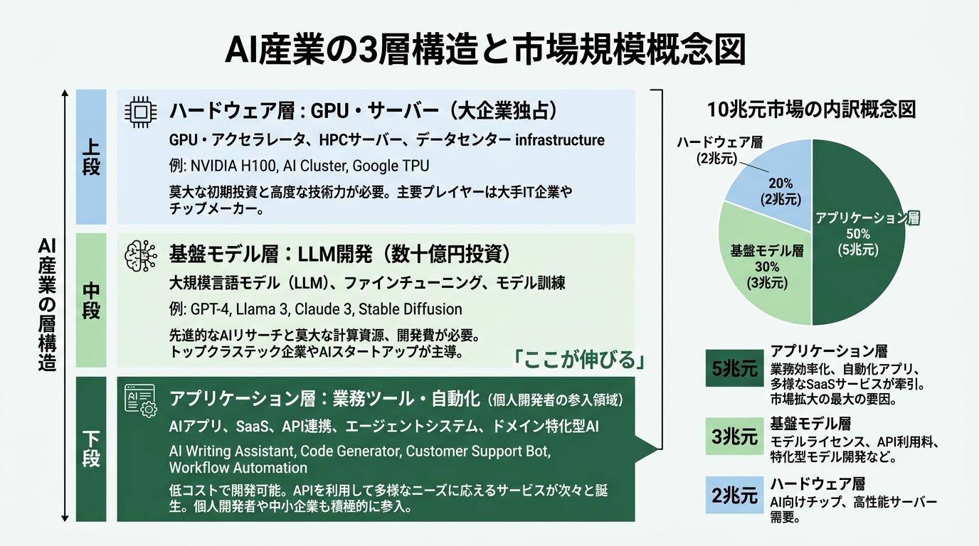 AI産業の3層構造を縦型バーで表示。上段「ハードウェア層: GPU・サーバー(大企業独占)」、中段「基盤モデル層: LLM開発(数十億円投資)」、下段「アプリケ