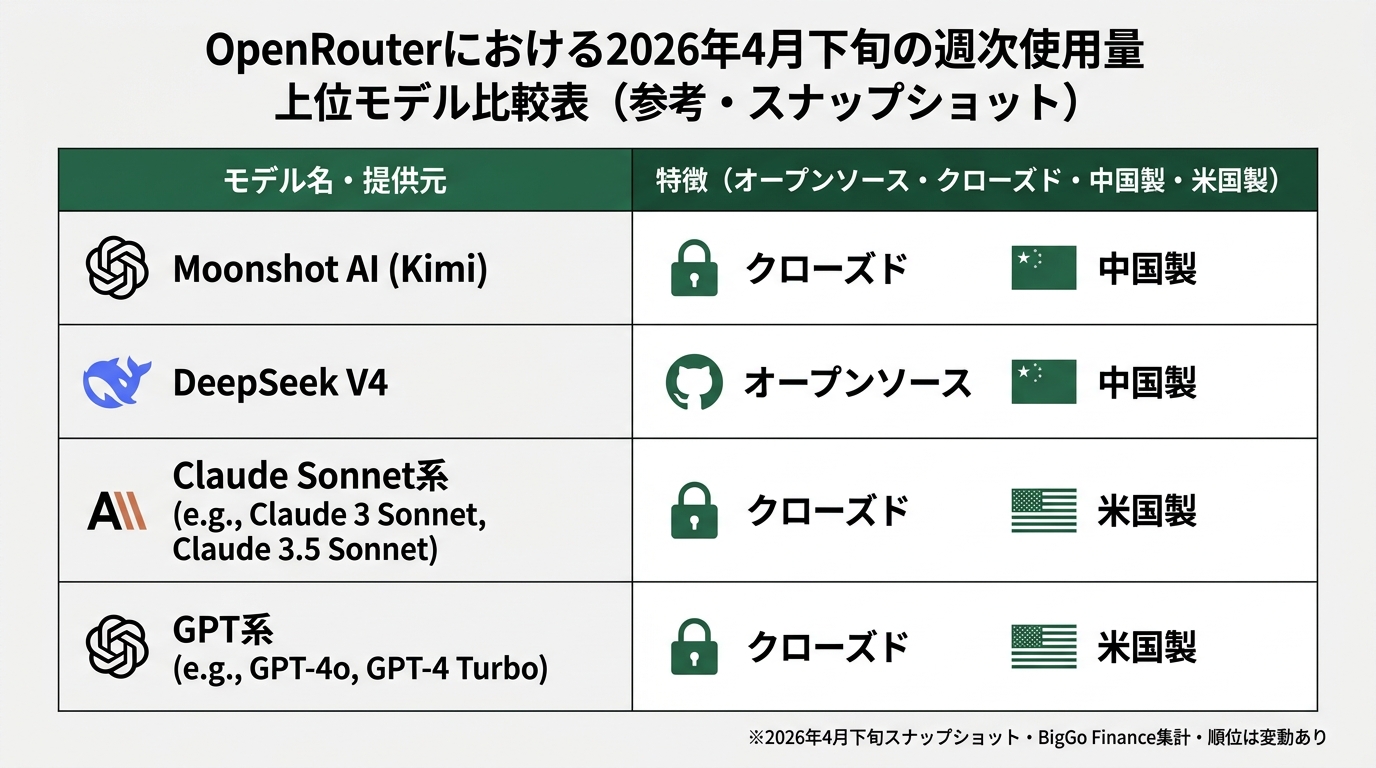OpenRouterにおける2026年4月下旬の週次使用量上位モデル比較表（参考・スナップショット）。2列構成: 左列「モデル名・提供元」、右列「特徴（オープン