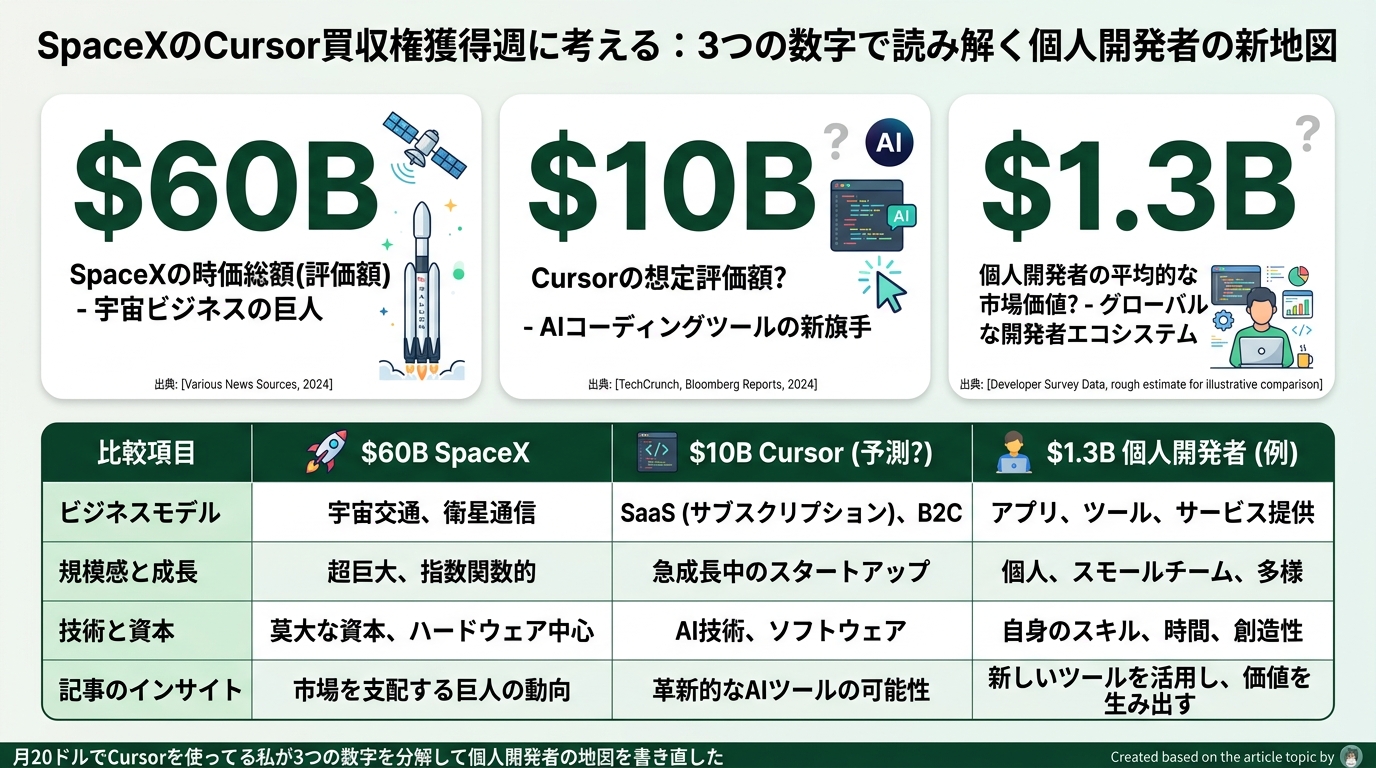 3つの数字 $60B/$10B/$1.3B を縦に並べ、それぞれの意味と出典をマトリクスに整理した比較図。ディープグリーン基調