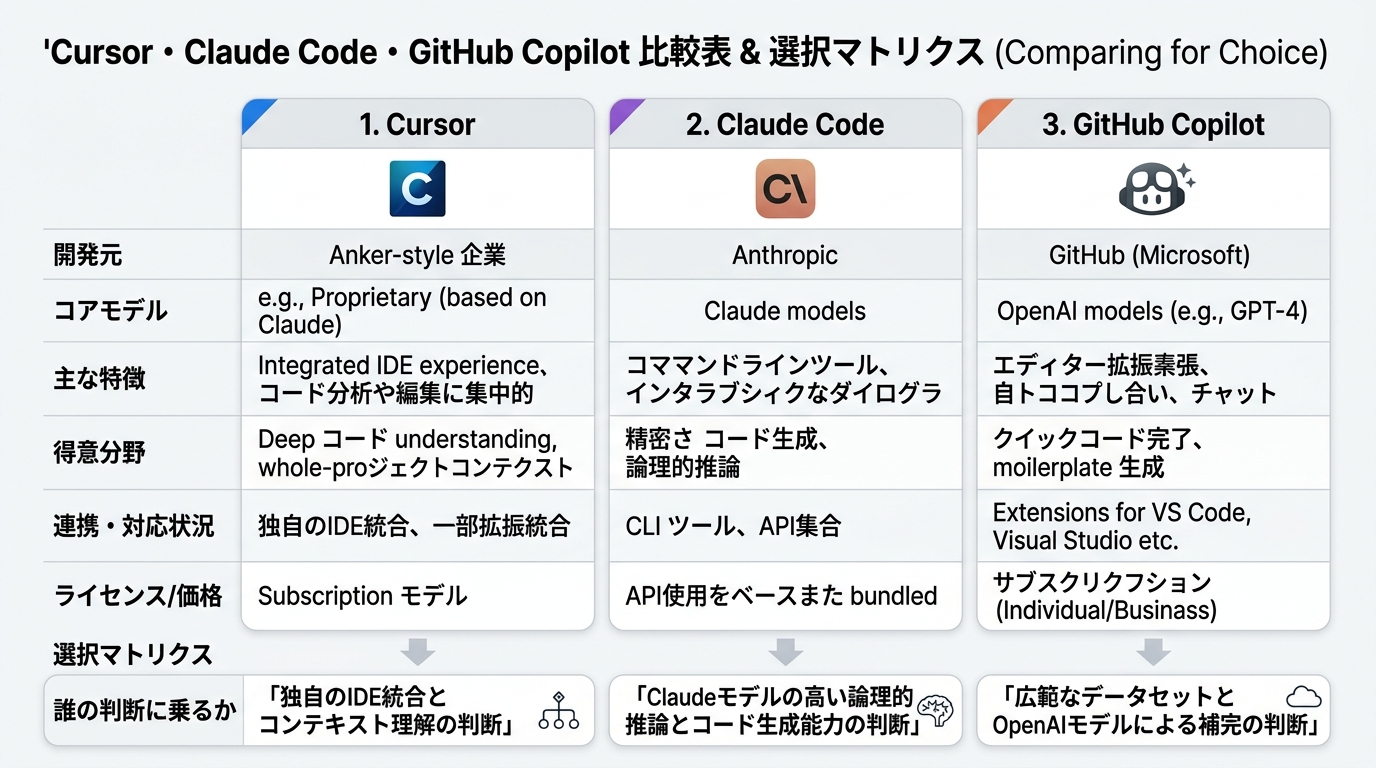 Cursor・Claude Code・GitHub Copilotの3列比較表に、各ツールのアイコンと「誰の判断に乗るか」という独自軸を追加した選択マトリクス