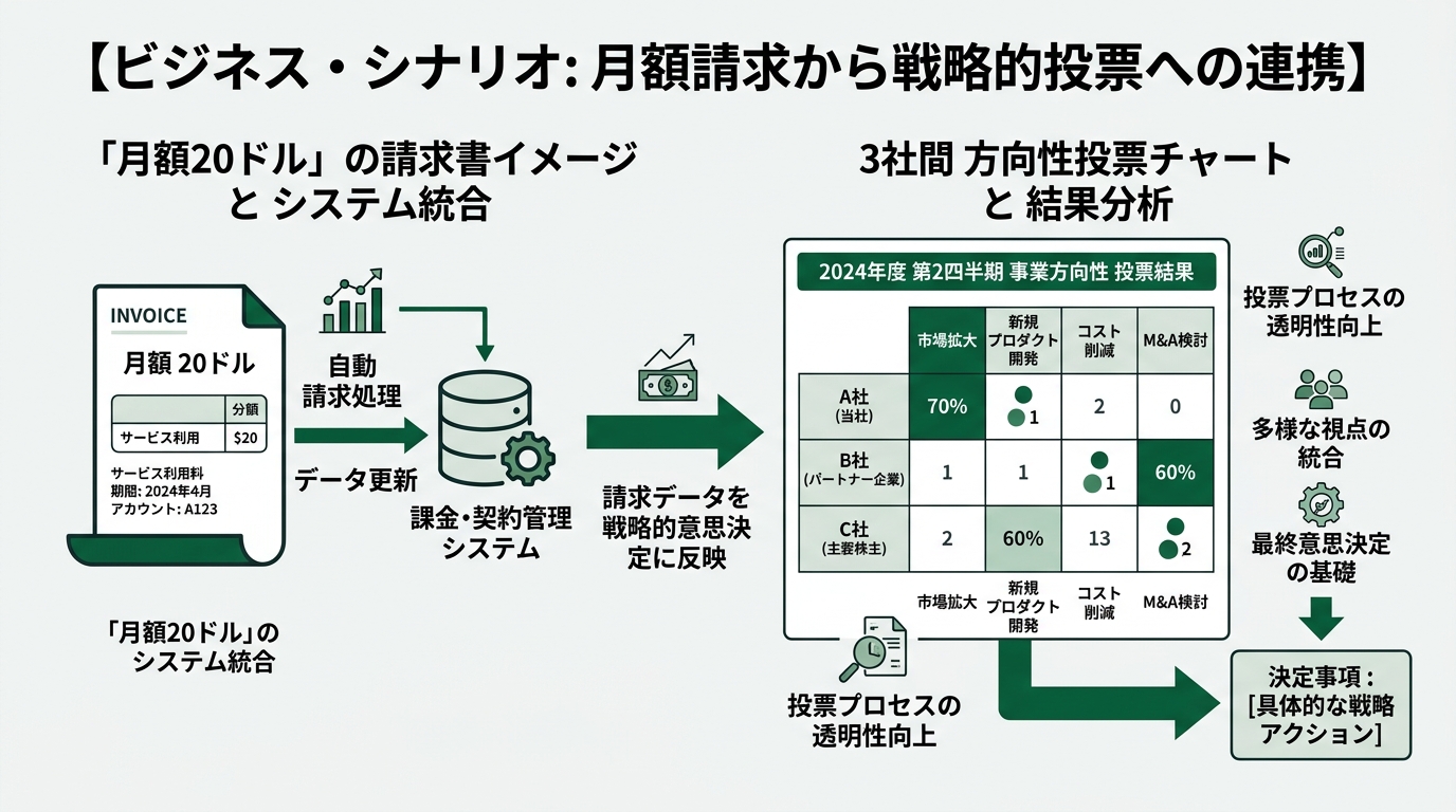 月額20ドルの請求書イメージから、3社の方向性投票チャートに繋がる図解