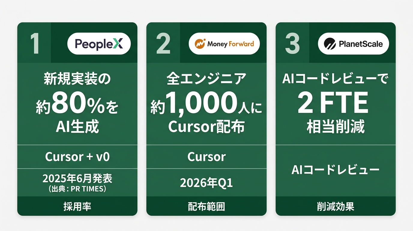 バイブコーディング本番運用事例カード3枚。左から「PeopleX: 新規実装の約80%をAI生成・Cursor+v0・2025年6月発表(出典: PR TIME