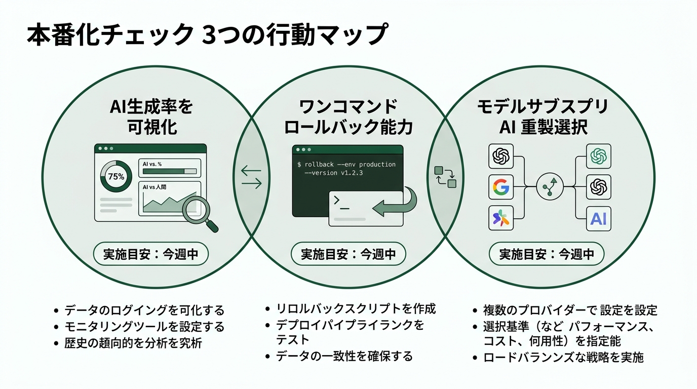 本番化チェック3つの行動マップ。中央に「AI生成率の可視化」「ロールバック1コマンド」「モデル選定の二重化サブスク」を3つの円で配置、各円に「実施目安:今週中」