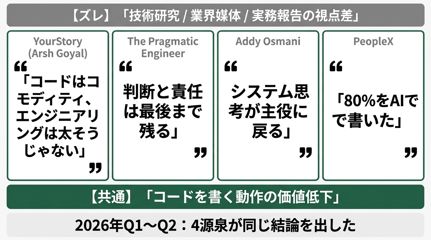 横に並んだ4枚の引用カード。左からYourStory(Arsh Goyal)「コードはコモディティ、エンジニアリングはそうじゃない」・Pragmatic Eng