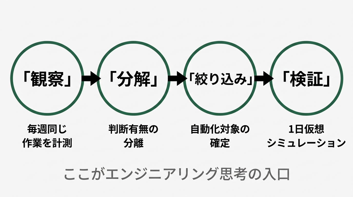4ステップフロー図。「観察」→「分解」→「絞り込み」→「検証」の4つの円が左から右へ並ぶ。各円の下に短い説明文(観察=毎週同じ作業を計測 / 分解=判断有無の分