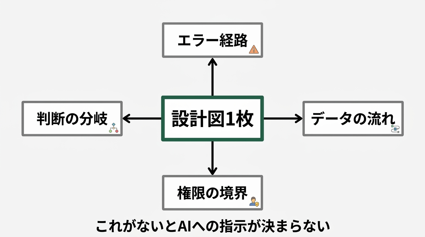 中央に「設計図1枚」と書かれた長方形。そこから矢印が4方向に伸び、それぞれ「データの流れ」「判断の分岐」「エラー経路」「権限の境界」と書かれた箱に繋がる。下部に