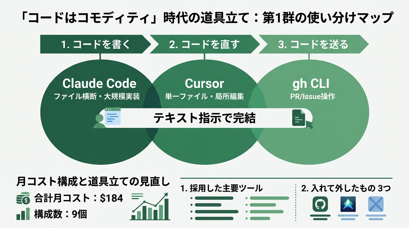 第1群の使い分けマップ。中央に「コードを書く・直す・送る」の3工程、左にClaude Code（ファイル横断・大規模実装）、中央にCursor（単一ファイル・局