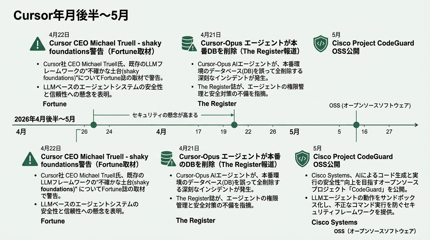 2026年4月後半〜5月のCursor関連イベントタイムライン。4月22日「Cursor CEO Michael Truell - shaky foundati