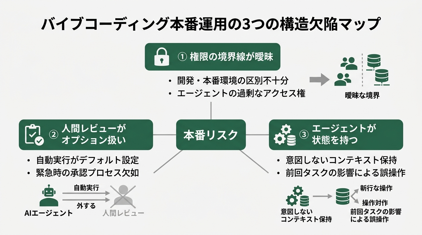 バイブコーディング本番運用の3つの構造欠陥マップ。中央に「本番リスク」、周囲3方向に「①権限の境界線が曖昧」「②人間レビューがオプション扱い」「③エージェントが