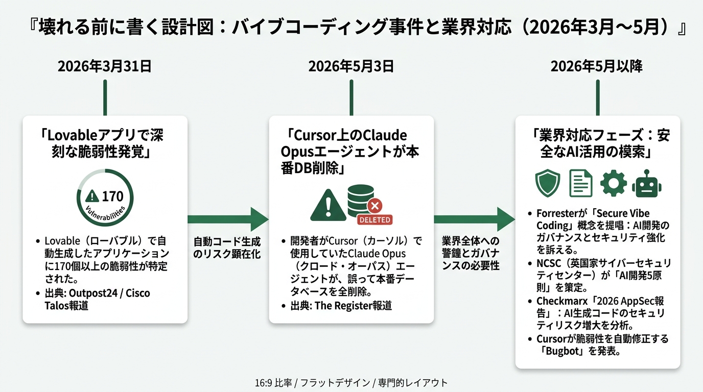 2026年3月〜5月のバイブコーディング事件と業界対応の3点タイムライン。左から「3/31 Lovableで作ったアプリに脆弱性170個(出典: Outpost