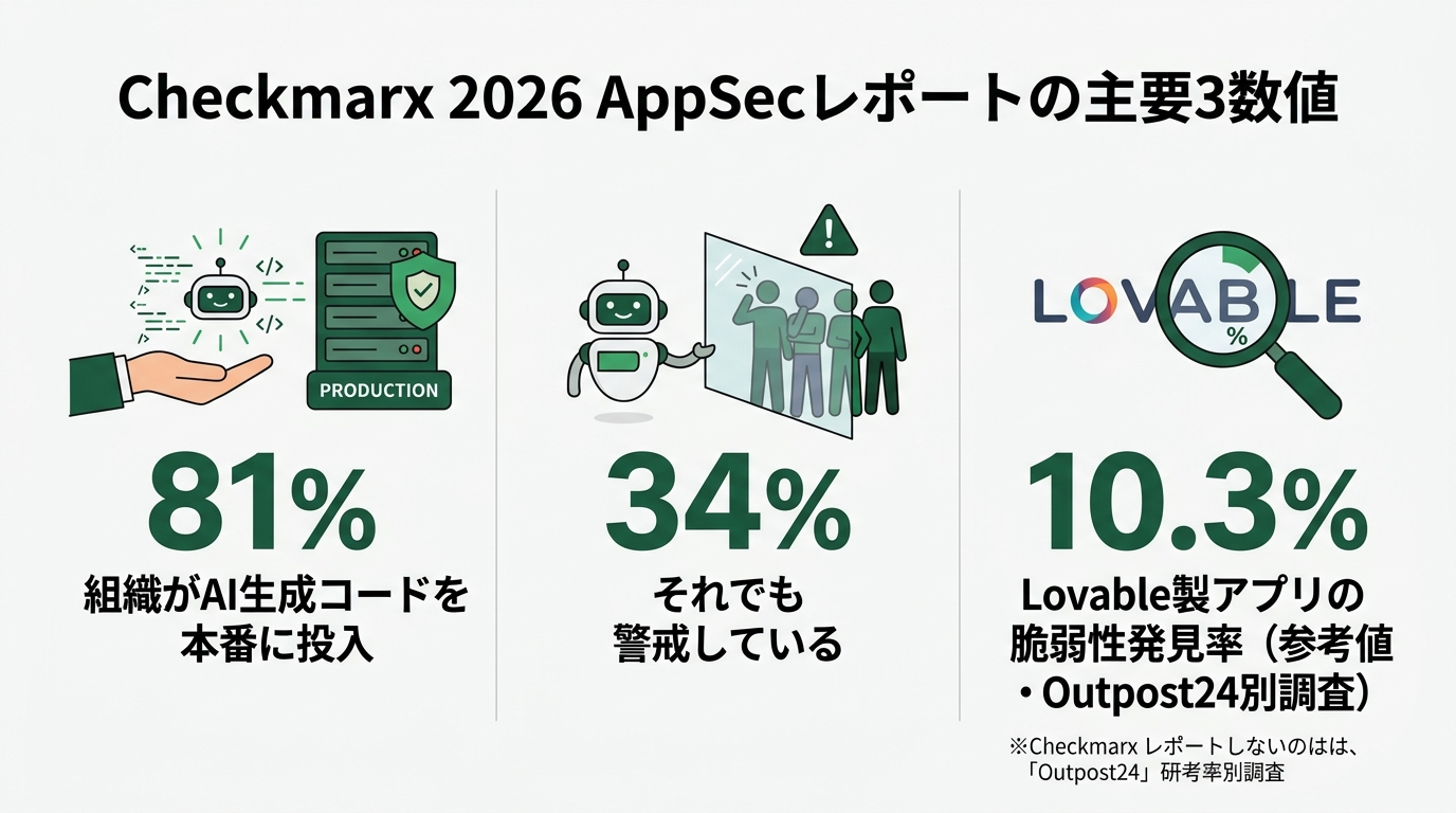 Checkmarx 2026 AppSecレポートの主要3数値インフォグラフィック。「81% 組織がAI生成コードを本番に投入」「34% それでも警戒している」