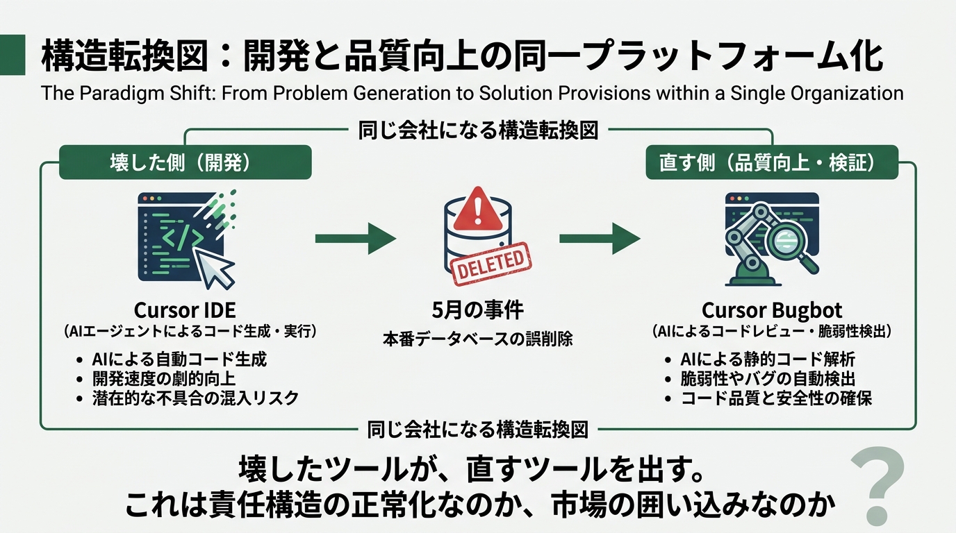 「壊した側」と「直す側」が同じ会社になる構造転換図。左ボックス: Cursor IDE(コード生成・エージェント実行)→中央: 5月の事件アイコン(本番DB削除