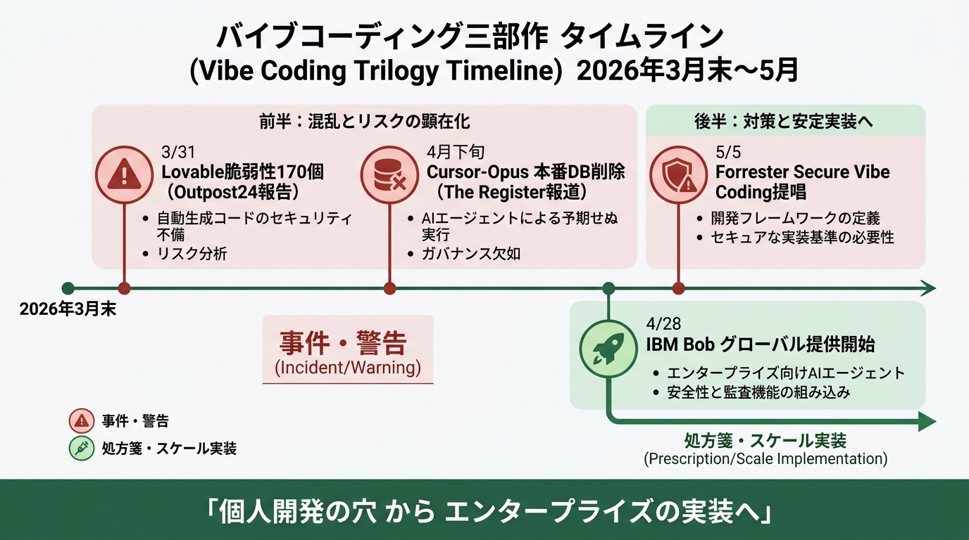2026年3月末〜5月のバイブコーディング三部作タイムライン。横軸に4イベントを配置。(1)3/31「Lovable脆弱性170個（Outpost24報告）」(