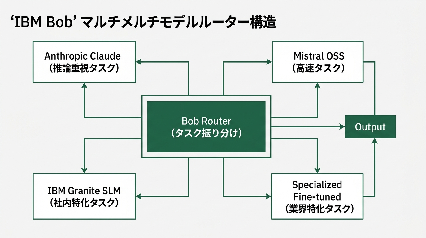 IBM Bobのマルチモデルルーター構造図。中央に「Bob Router（タスク振り分け）」のボックス。そこから4方向に分岐、各分岐先のモデル名を表示: (1)
