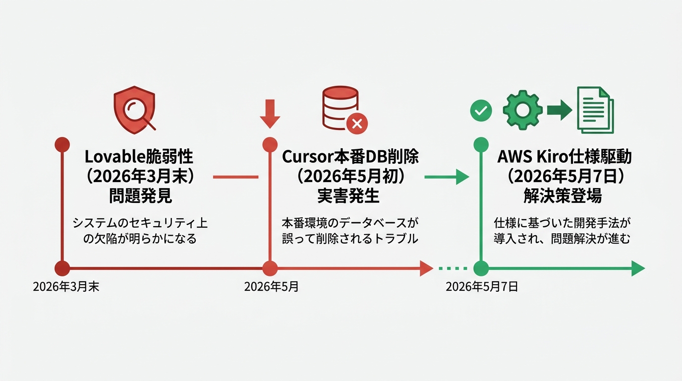 3つのイベントが横並びに並ぶタイムライン図。左から「Lovable脆弱性（2026年3月末）問題発見」「Cursor本番DB削除（2026年5月初）実害発生」「