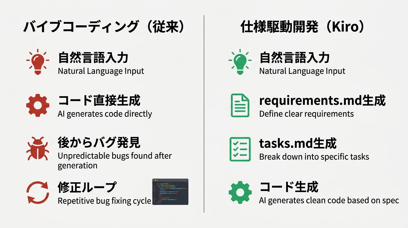 2列対比レイアウト。左列タイトル「バイブコーディング（従来）」: 自然言語入力→コード直接生成→後からバグ発見→修正ループ。右列タイトル「仕様駆動開発（Kiro