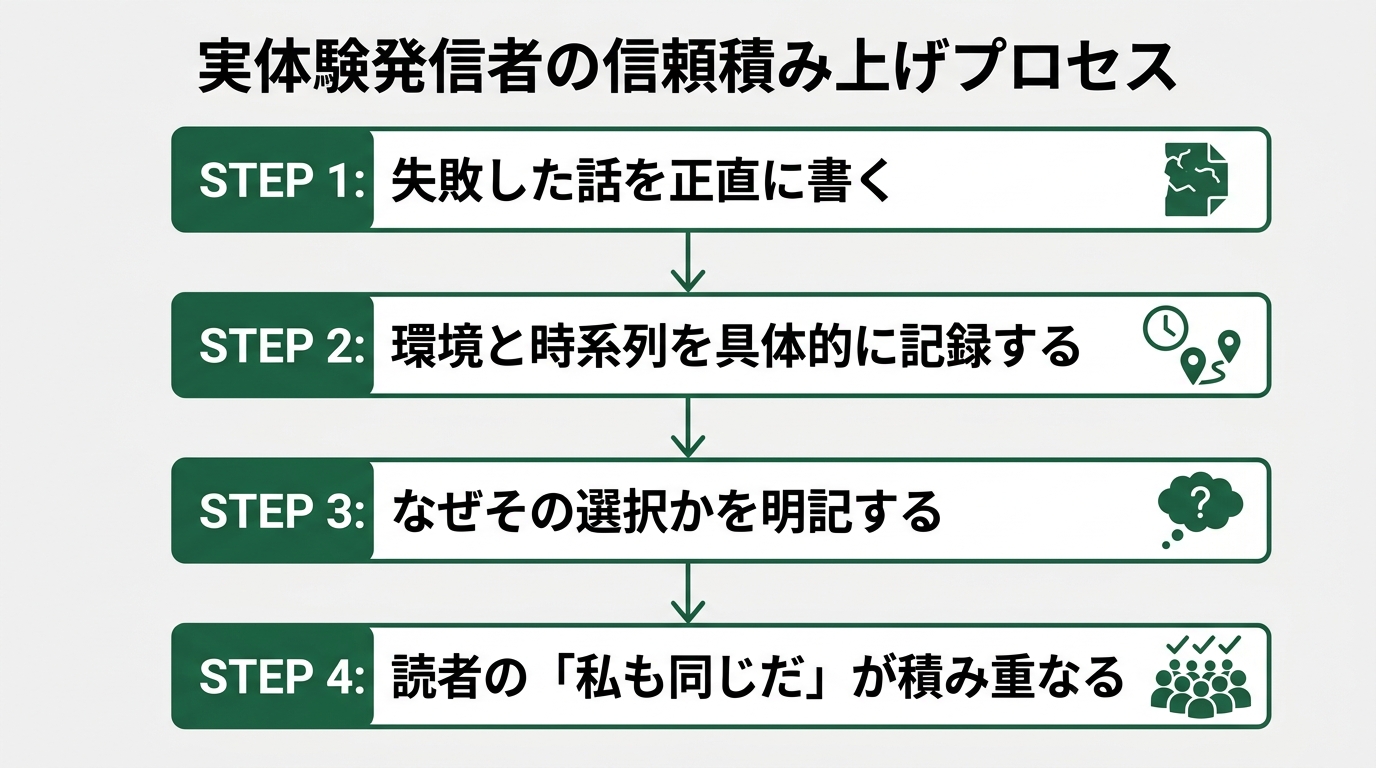 縦型4ステップのシーケンス図。タイトル「実体験発信者の信頼積み上げプロセス」。上から「STEP1: 失敗した話を正直に書く」→「STEP2: 環境と時系列を具体的に記録する」→「STEP3: なぜその選択かを明記する」→「STEP4: 読者の「私も同じだ」が積み重なる」の4ステップが縦に繋がる。ディープグリーン（#2d6a4f）ベース、各ステップに固有テキストラベル。