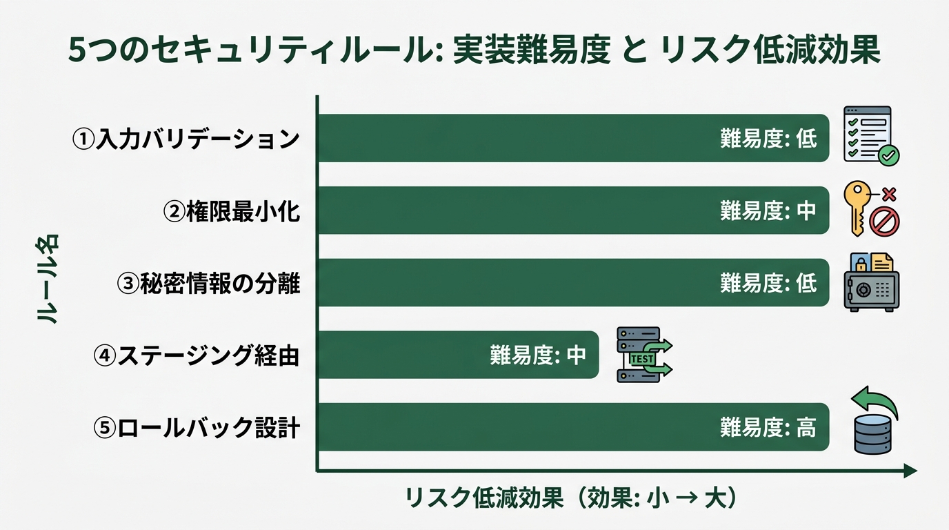 5つのセキュリティルールを「実装難易度」と「リスク低減効果」の2軸横棒グラフで示すデータグラフィック。「①入力バリデーション(難易度:低, 効果:大)」「②権限最小化(難易度:中, 効果:大)」「③秘密情報の分離(難易度:低, 効果:大)」「④ステージング経由(難易度:中, 効果:中)」「⑤ロールバック設計(難易度:高, 効果:大)」を配置。横軸「難易度」・縦軸「ルール名」・バーの長さ「効果」。ダークグリーン(#2d6a4f)基調、白背景(#F5F5F5)。
