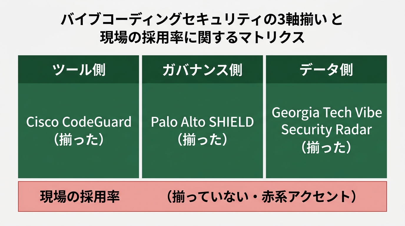 バイブコーディングセキュリティの「ツール側」「ガバナンス側」「データ側」の3軸が現時点で揃ったかを示す3列マトリクス。左列「ツール側: Cisco CodeGuard」(揃った)。中列「ガバナンス側: Palo Alto SHIELD」(揃った)。右列「データ側: Georgia Tech Vibe Security Radar」(揃った)。下段に「現場の採用率」(揃っていない・赤系アクセント)を配置。揃った3列はディープグリーン(#2d6a4f)、未達成の1段は薄い赤系。白背景(#F5F5F5)。