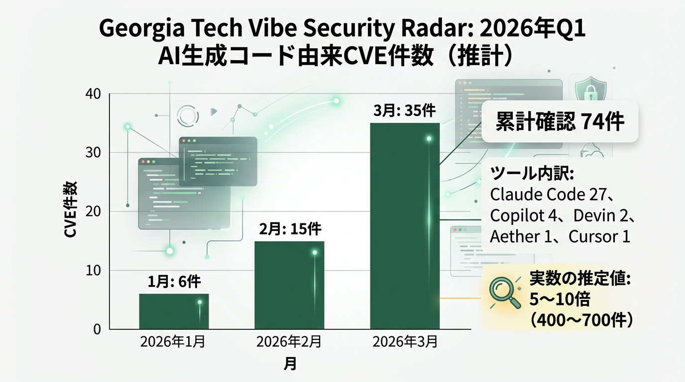 Georgia Tech Vibe Security Radarが報告したAI生成コード由来CVE件数を月次で示すデータグラフィック。横軸「月(2026年1月/2月/3月)」、縦軸「CVE件数(0〜40)」、棒グラフ。各バーの値「1月: 6件」「2月: 15件」「3月: 35件」を上部に表示。注釈で「累計確認74件」「ツール内訳: Claude Code 27、Copilot 4、Devin 2、Aether 1、Cursor 1」「実数の推定値: 5〜10倍(400〜700件)」を補足。ダークグリーン(#2d6a4f)棒グラフ、白背景(#F5F5F5)。