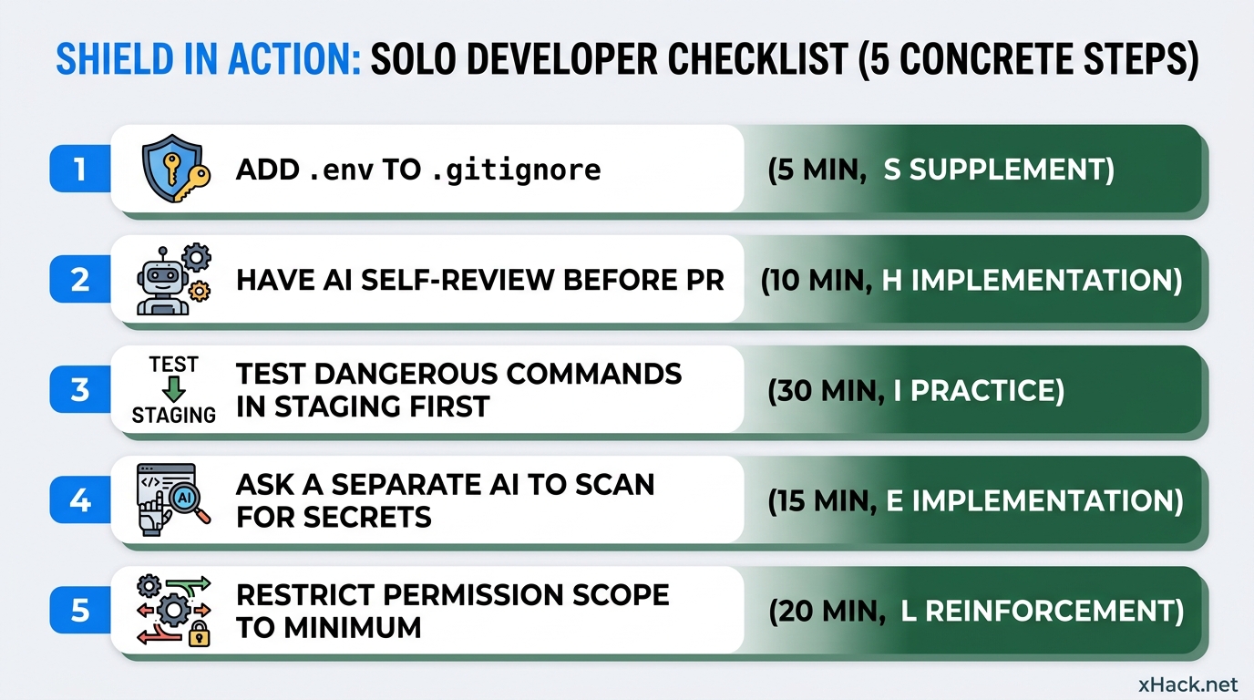 A 5-item checklist translating SHIELD's 5 elements into "concrete actions any solo developer can com