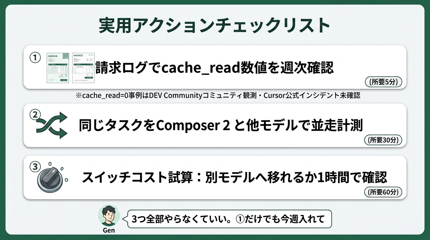 3つの実用アクションを縦に配置したチェックリスト型イラスト。各アクションは番号付きカードで、上から「①請求ログでcache_read数値を週次確認(所要5分)」「②同じタスクをComposer 2と他モデルで並走計測(所要30分)」「③スイッチコスト試算: 別モデルへ移れるか1時間で確認(所要60分)」。各カードに小アイコン(請求書・並走矢印・スイッチノブ)と所要時間ラベル。背景はディープグリーン(#2d6a4f)アクセントの白(#F5F5F5)。下部にゲンの一言「3つ全部やらなくていい。①だけでも今週入れて」を吹き出しで添える。①カードの下部に小文字の注記「※cache_read=0事例はDEV Communityコミュニティ観測・Cursor公式インシデント未確認」を添える。