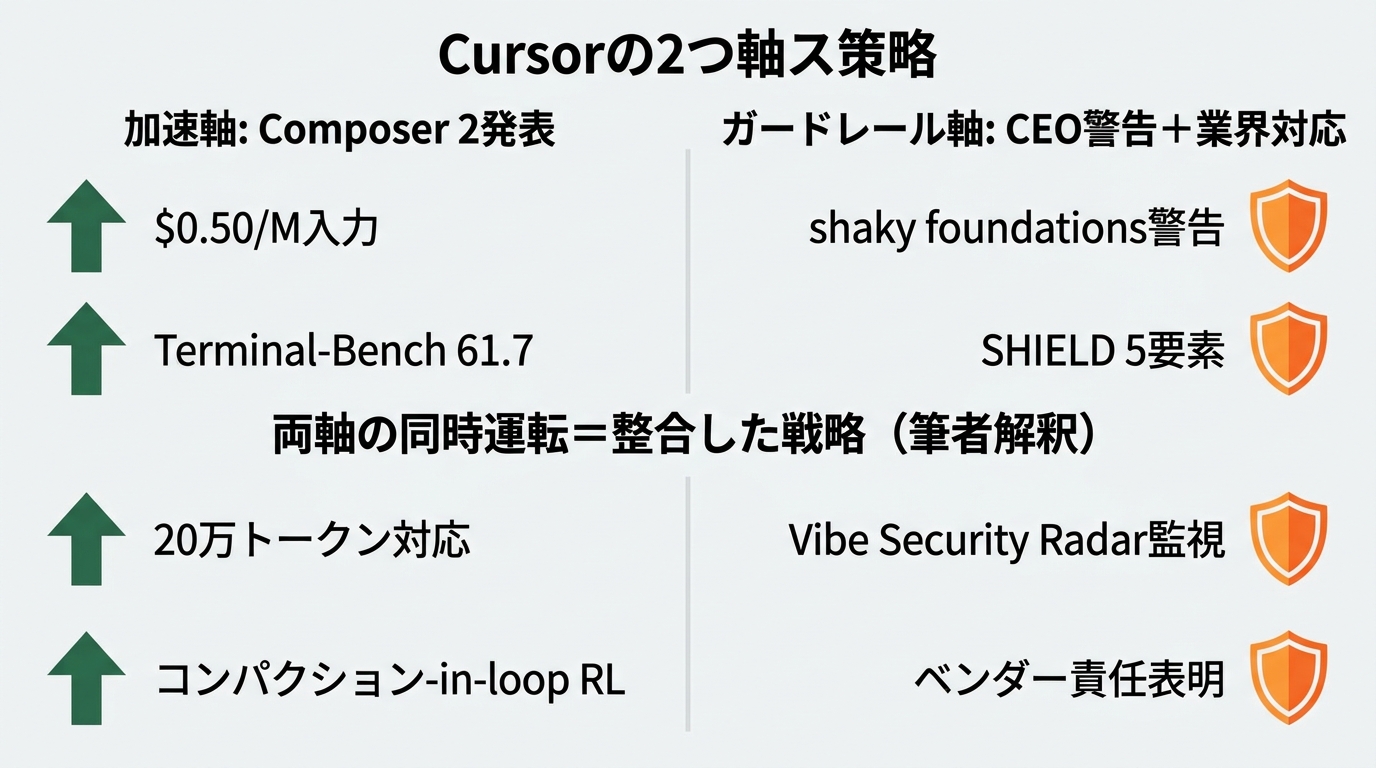 Cursorの2軸戦略を示す対比図。左側「加速軸: Composer 2発表」: 「$0.50/M入力」「Terminal-Bench 61.7」「20万トークン対応」「コンパクション-in-loop RL」の4要素を緑系の上向き矢印アイコンで配置。右側「ガードレール軸: CEO警告+業界対応」: 「shaky foundations警告」「SHIELD 5要素」「Vibe Security Radar監視」「ベンダー責任表明」の4要素をオレンジ系の盾アイコンで配置。中央に「両軸の同時運転=整合した戦略(筆者解釈)」の太字ラベル。背景は白(#F5F5F5)、緑はディープグリーン(#2d6a4f)。