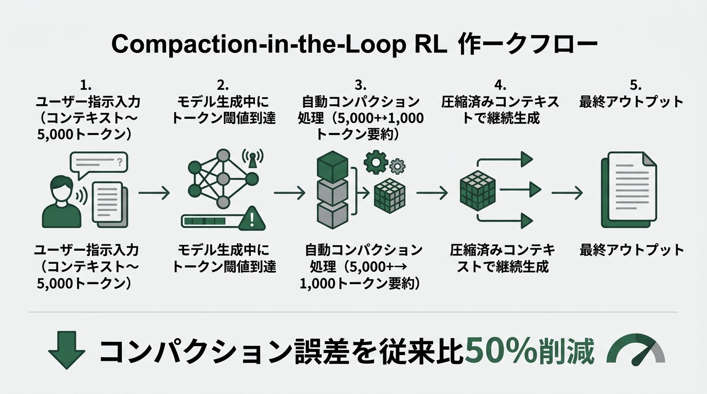 Compaction-in-the-Loop RLの動作フロー図。左から「ユーザー指示入力(コンテキスト〜5,000トークン)」→「モデル生成中にトークン閾値到達」→「自動コンパクション処理(5,000+→1,000トークン要約)」→「圧縮済みコンテキストで継続生成」→「最終アウトプット」の5ステップ。各ステップにアイコン(指示・センサー・要約箱・継続矢印・成果物)と短いラベル。下部に「コンパクション誤差を従来比50%削減」の代表数値を強調表示。色はディープグリーン(#2d6a4f)とグレーの濃淡、白背景(#F5F5F5)。