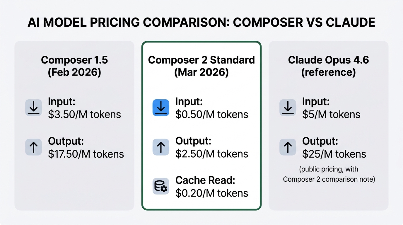 Three-column pricing comparison table. Left column "Composer 1.5 (announced Feb 2026)": input $3.50/