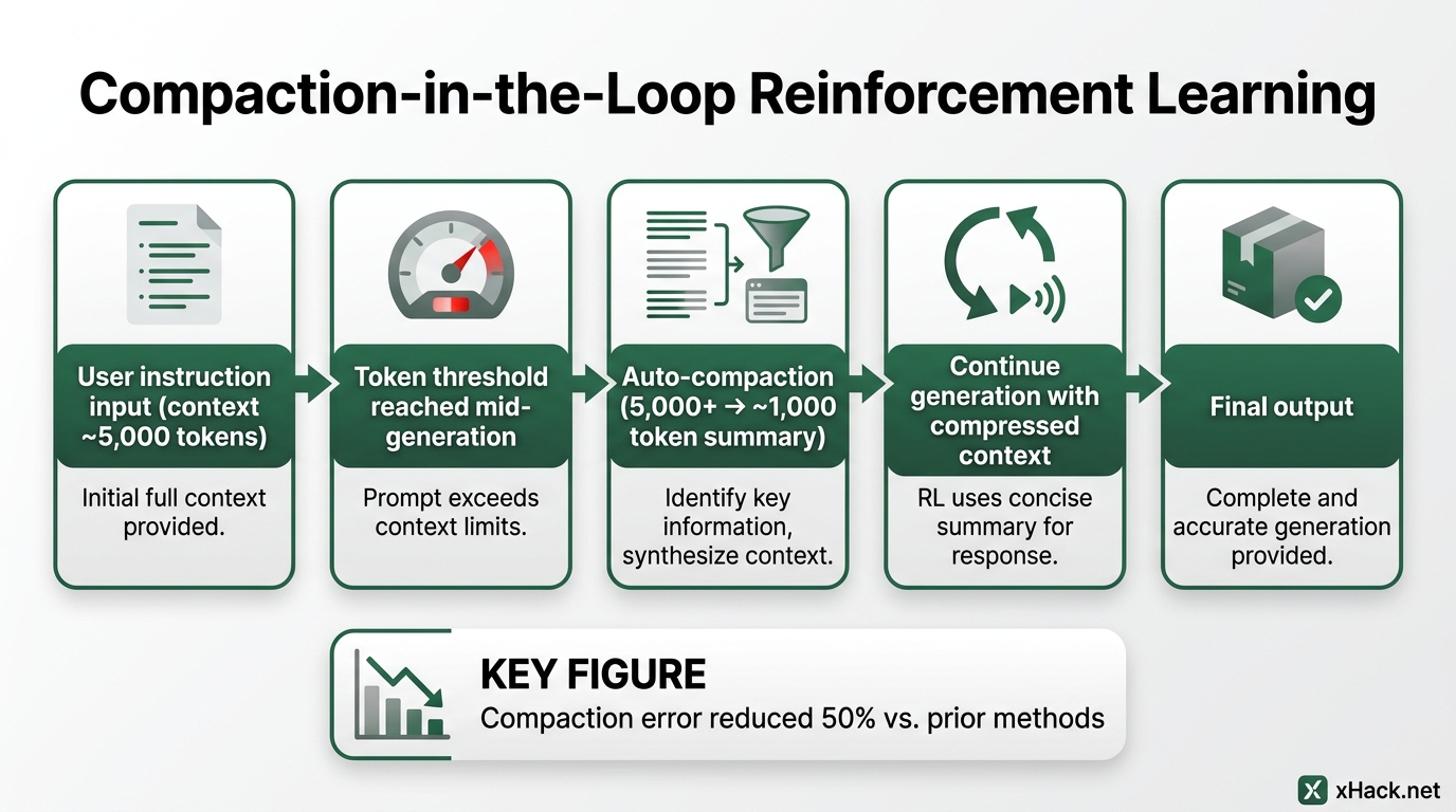 Workflow diagram of Compaction-in-the-Loop RL. Five steps from left: "User instruction input (contex