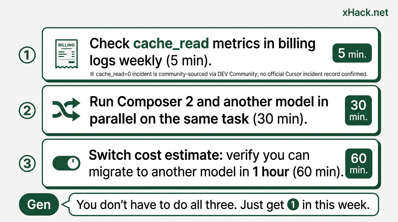 Checklist-style illustration with three action cards stacked vertically. Card 1: "① Check billing lo