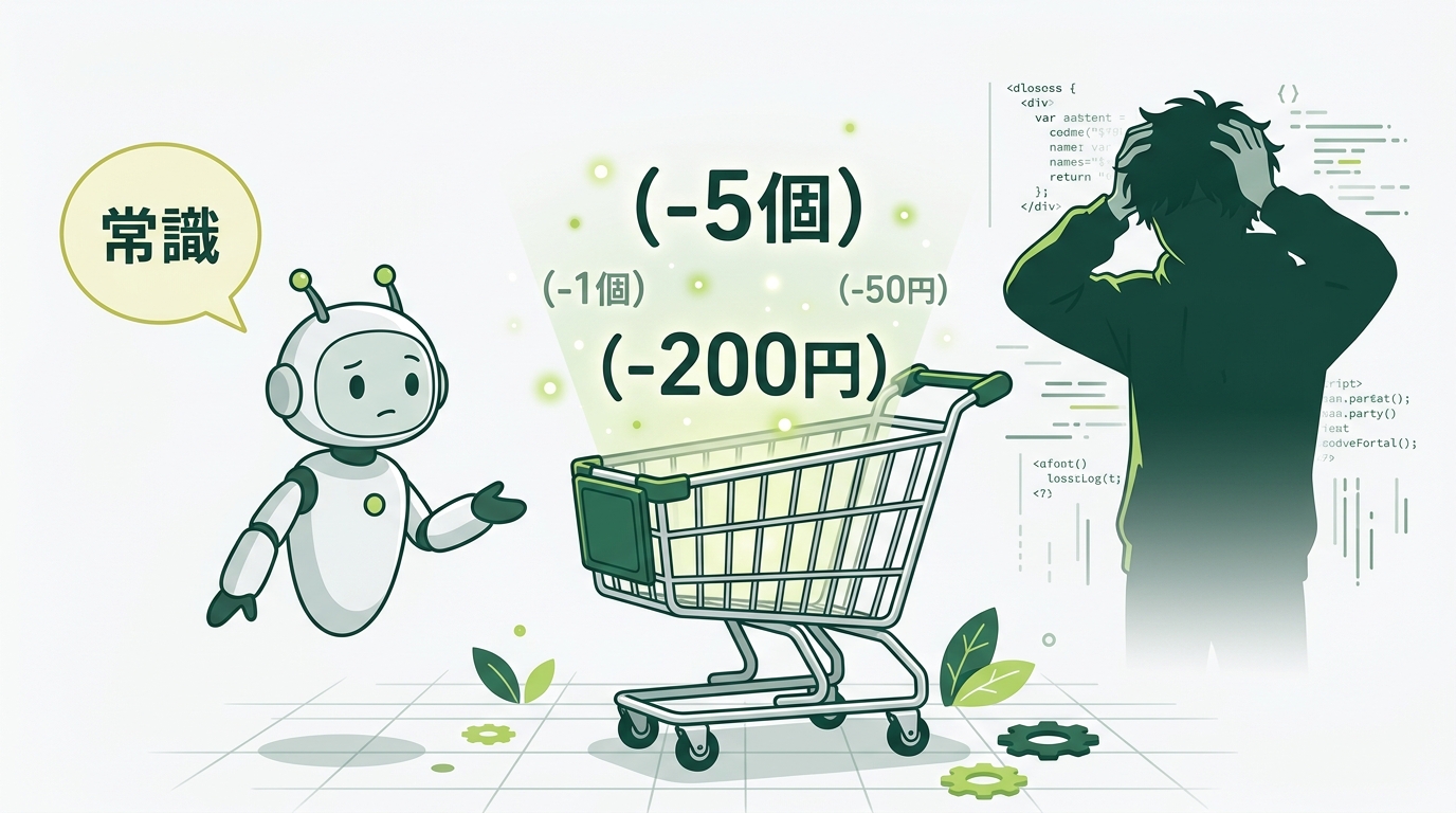 ショッピングカートのイラストの中央に「-5個」「-200円」と書かれた負の数値が浮かぶシーン。背景には人間の開発者が頭を抱えるシルエット。「常識」という吹き出しがエージェント側にだけ存在していない構図