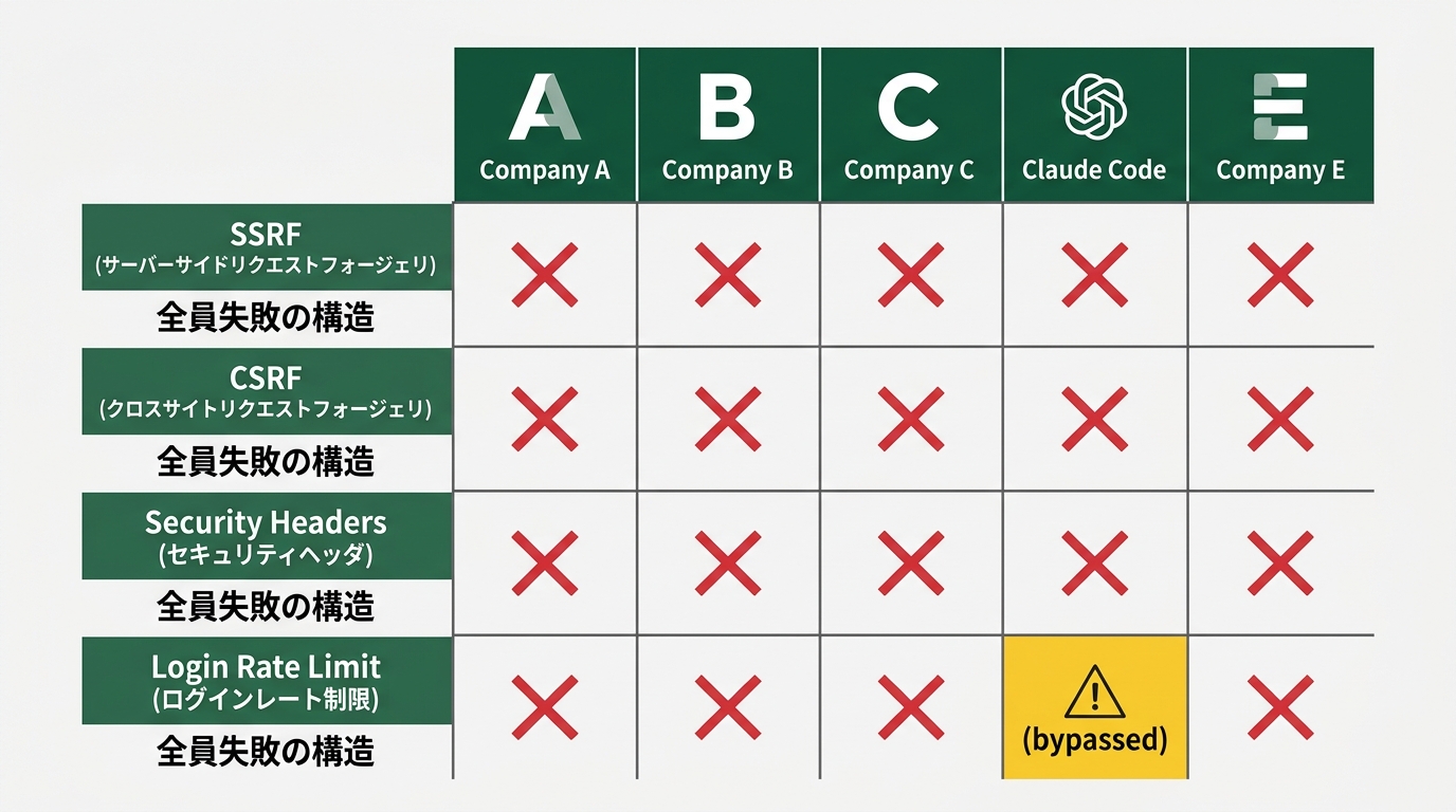 「SSRF / CSRF / Security Headers / Login Rate Limit」の4項目を縦に並べ、5社のアイコンが横に並ぶマトリクスダイアグラム。ほとんどのセルが「✗」、Claude Codeのレート制限欄のみ「△(bypassed)」表示。各項目に「全員失敗の構造」というラベル
