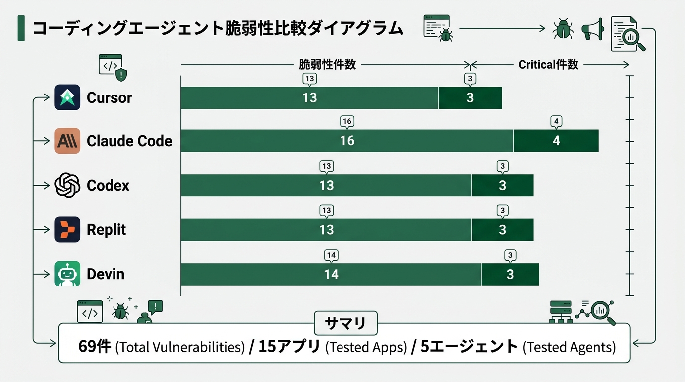 5社のコーディングエージェント名(Cursor / Claude Code / Codex / Replit / Devin)を縦に並べ、横軸に脆弱性件数(13 / 16 / 13 / 13 / 14)と「Critical件数」をバーグラフ風に並べた比較ダイアグラム。下部に「69件 / 15アプリ / 5エージェント」のサマリ。深緑#2d6a4fベースの白背景チャート