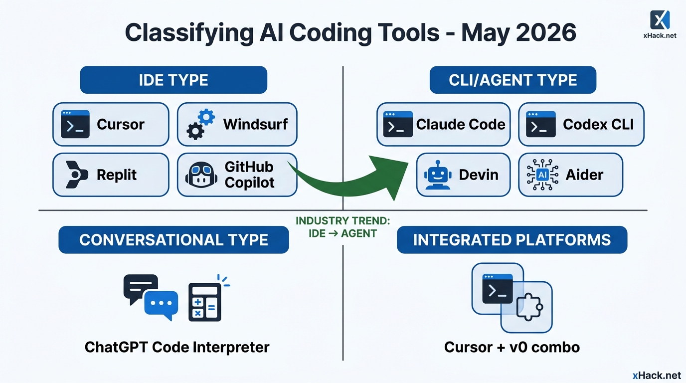 AI coding tool classification chart as of May 2026. Top-left: IDE type (Cursor, Windsurf, Replit, Gi