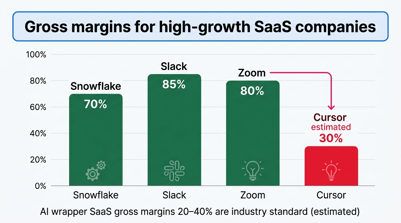 Gross margin comparison bar chart for high-growth SaaS companies. Vertical bars: Snowflake 70%, Slac
