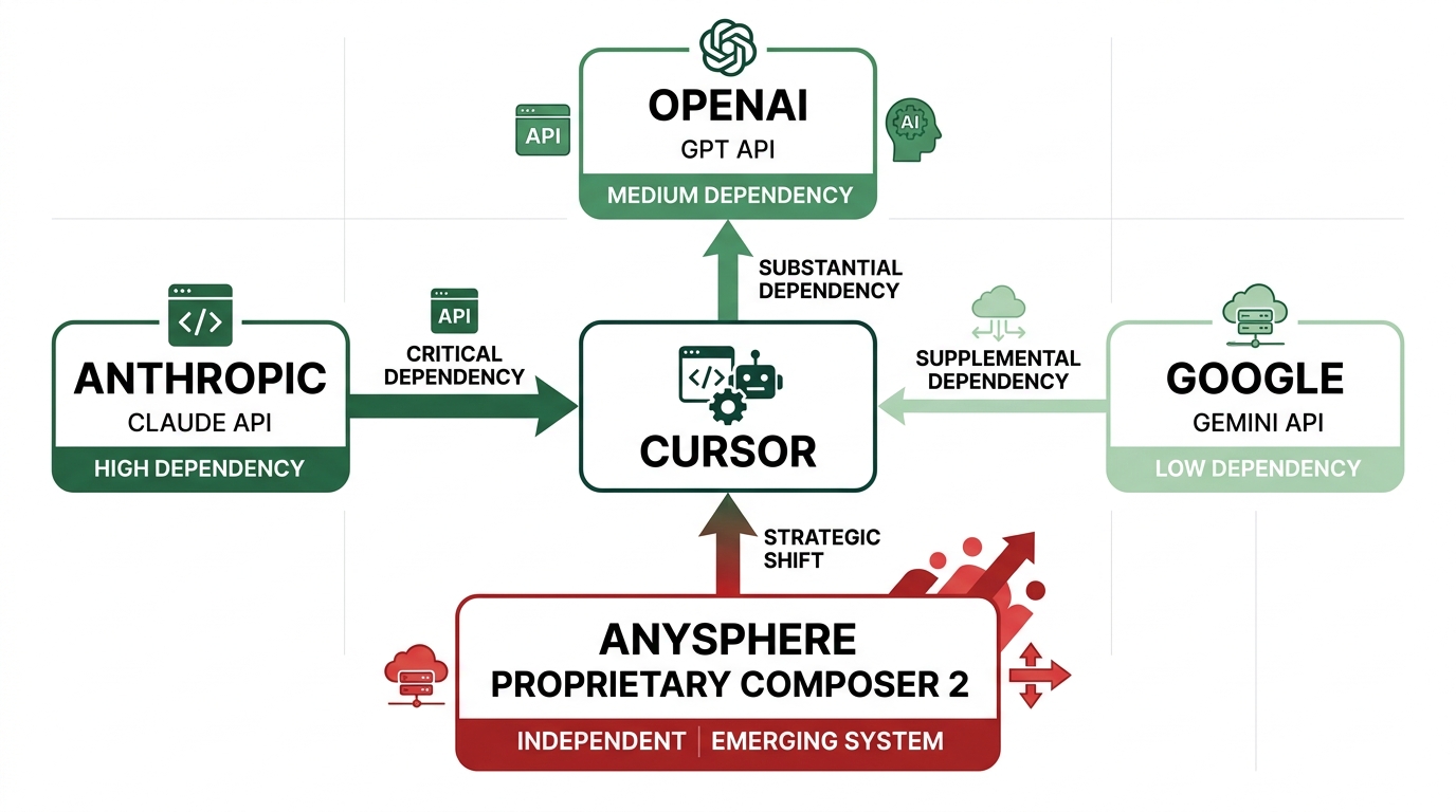 Cursor's dependency map. Cursor in center. Anthropic (Claude API, high dependency) to the left. Open