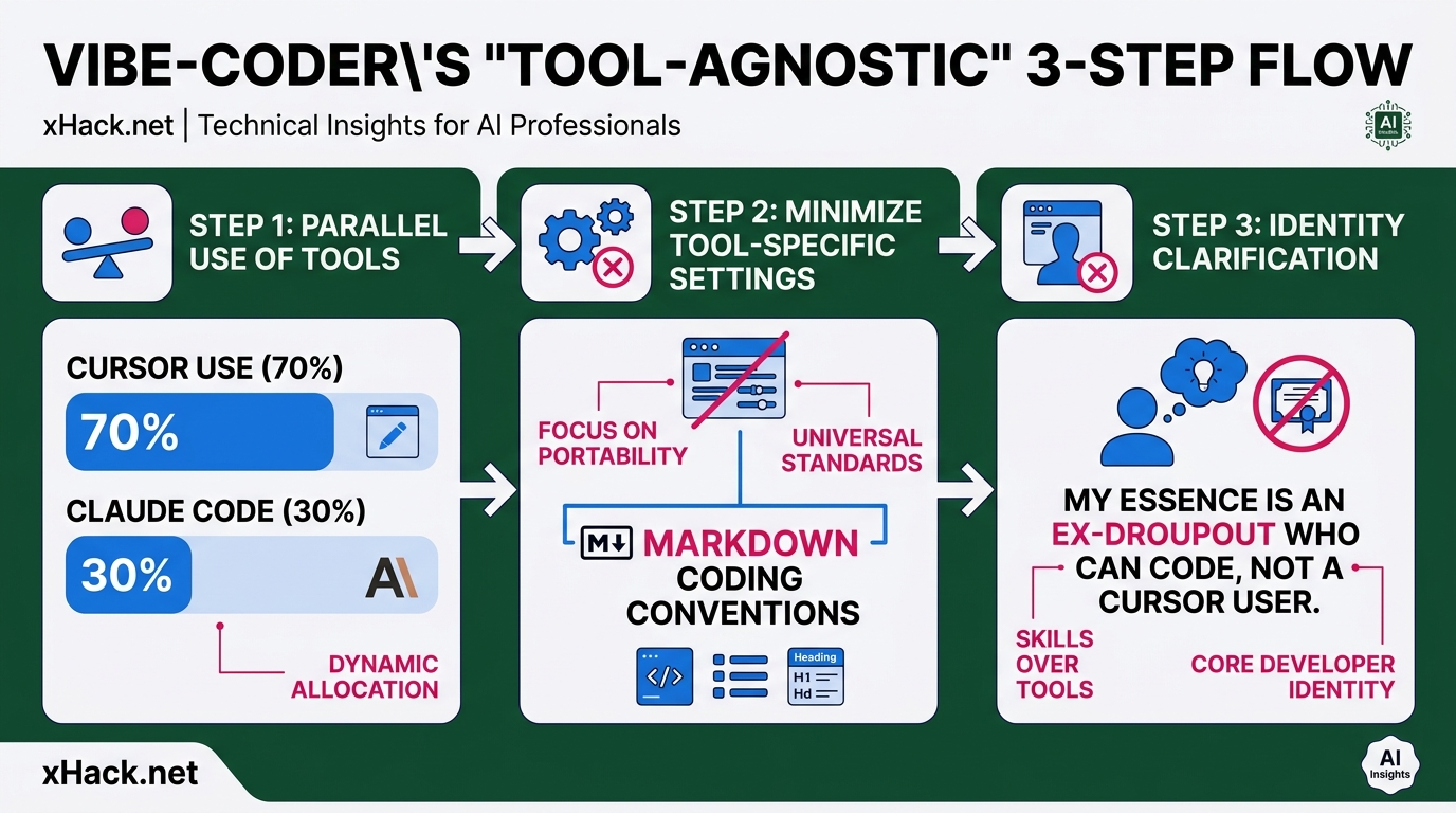 Vibe-coder's "tool-agnostic" 3-step flow. Step 1: parallel use of Cursor 70% + Claude Code 30%. Step