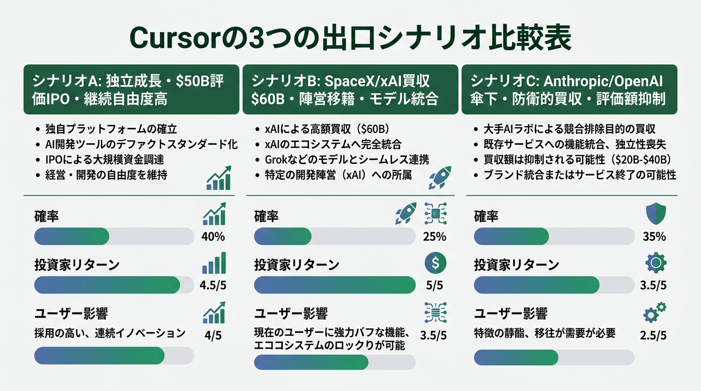 Cursorの3つの出口シナリオ比較表。シナリオA:独立成長・$50B評価IPO・継続自由度高、シナリオB:SpaceX/xAI買収$60B・陣営移籍・モデル統