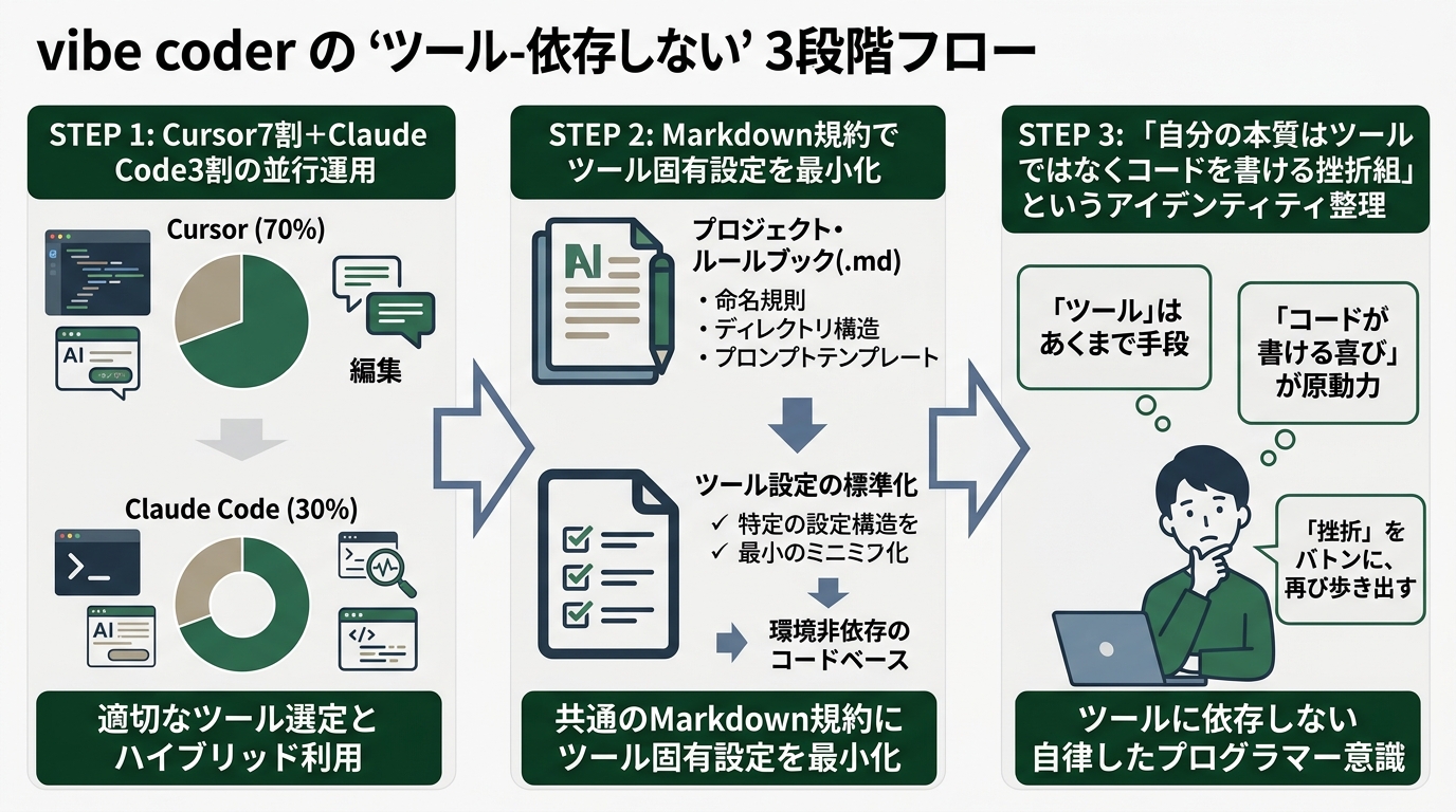 バイブコーダーの「ツール非依存」3段階フロー。Step1:Cursor7割+Claude Code 3割の並行運用、Step2:Markdown規約でツール固有