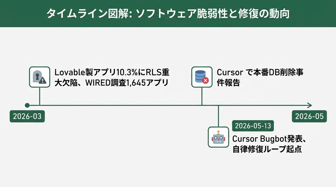 横書きタイムラインの図解。左端ラベルは2026-03、右端ラベルは2026-05。3つのマイルストーンを順に配置。1つめは2026-03の「Lovable製アプ