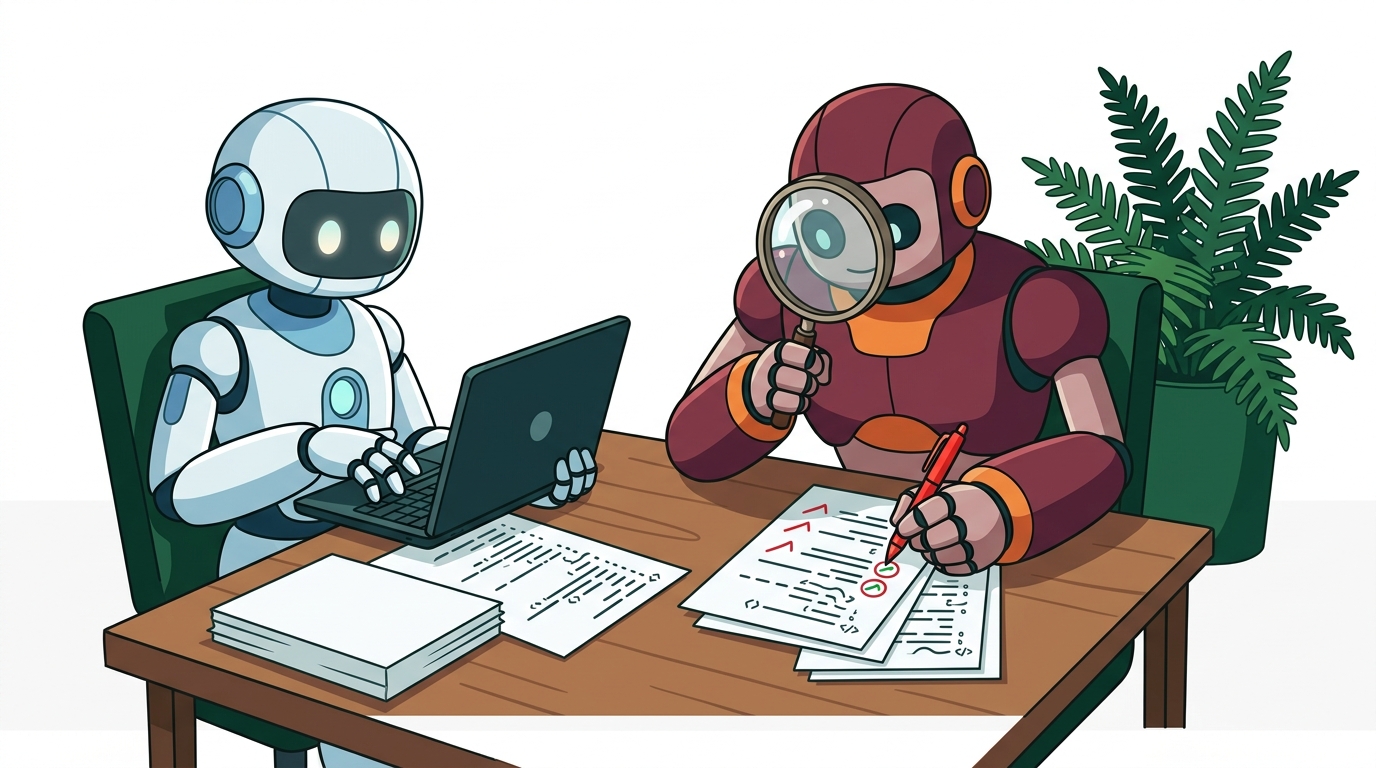 二人のAIキャラクターが机を挟んで向き合っている。左側のキャラクター「コードを書く側」はノートPCを持ったロボットで、右側のキャラクター「レビューする側」は虫眼