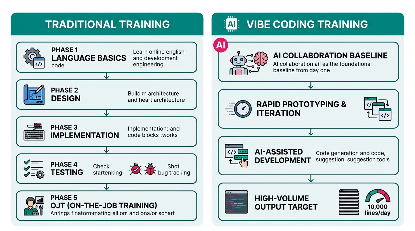 Side-by-side comparison of GMO Pepabo's Vibe Coding training program versus traditional new-hire eng