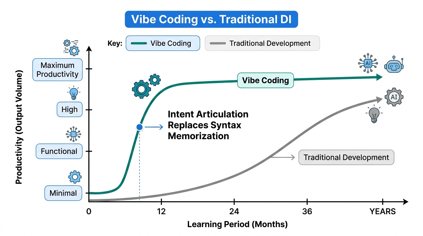 Learning curve comparison diagram for Vibe Coding versus traditional development. Y-axis: Productivi
