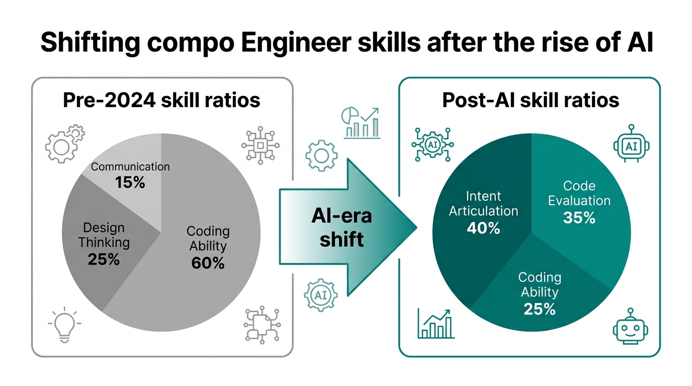 Engineer skill composition shift diagram. Left side: "Pre-2024 skill ratios" — pie chart showing Cod
