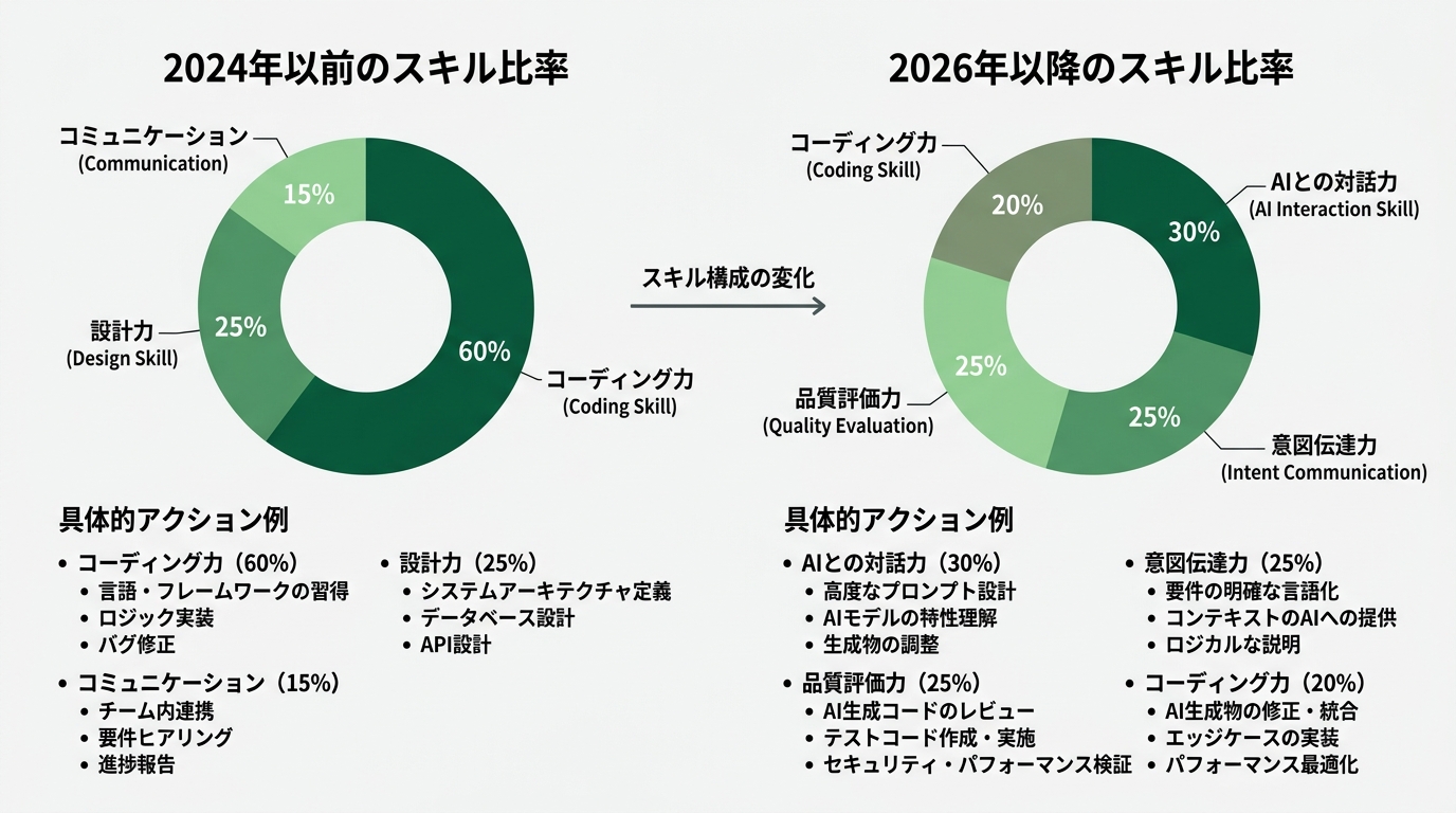 エンジニアのスキル構成変化diagram。左「2024年以前のスキル比率」として「コーディング力60%・設計力25%・コミュニケーション15%」の円グラフ。右「