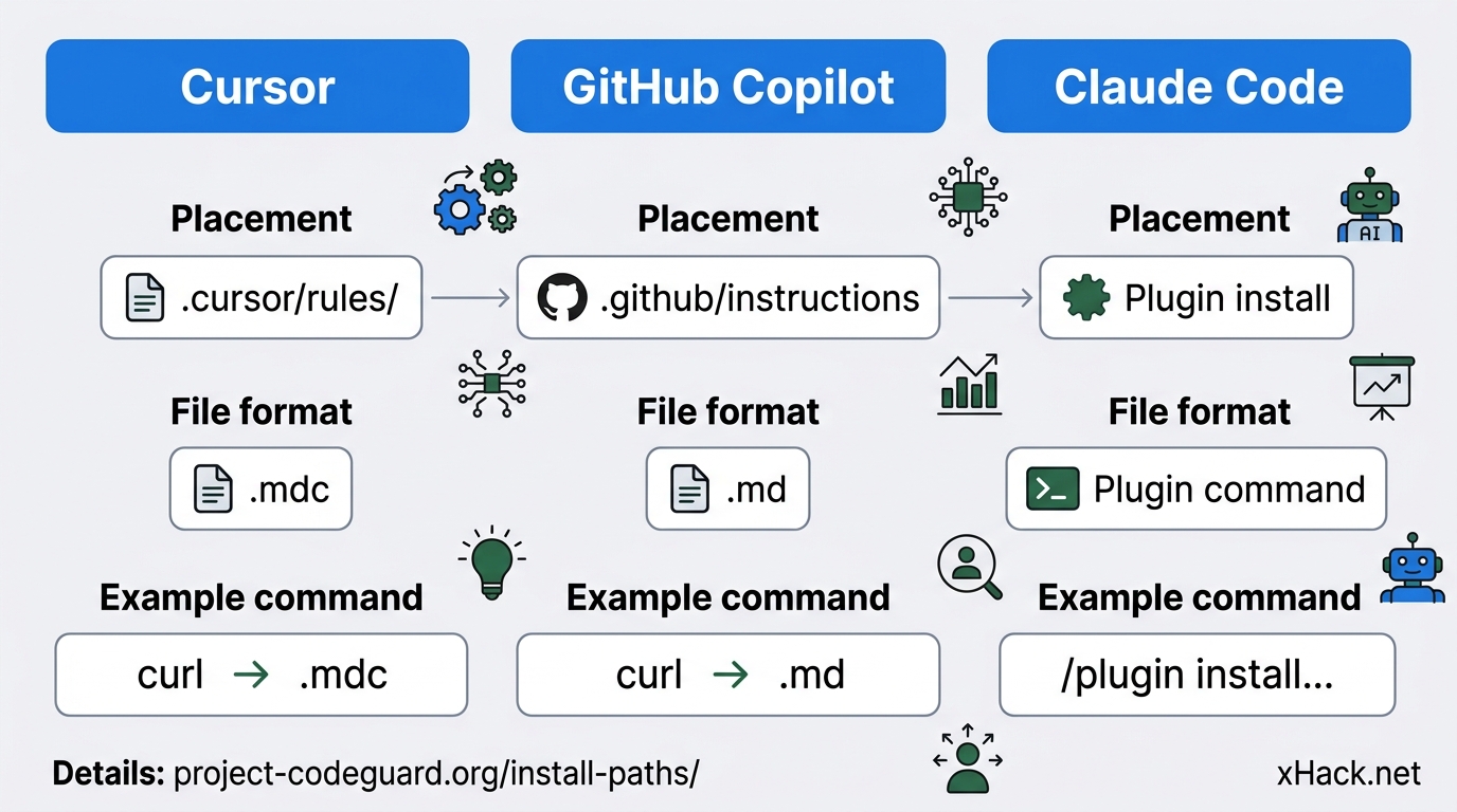 三列对比表。列标题:"Cursor"、"GitHub Copilot"、"Claude Code"。第1行"放置位置":".cursor/rules/"、".github/instructions"、